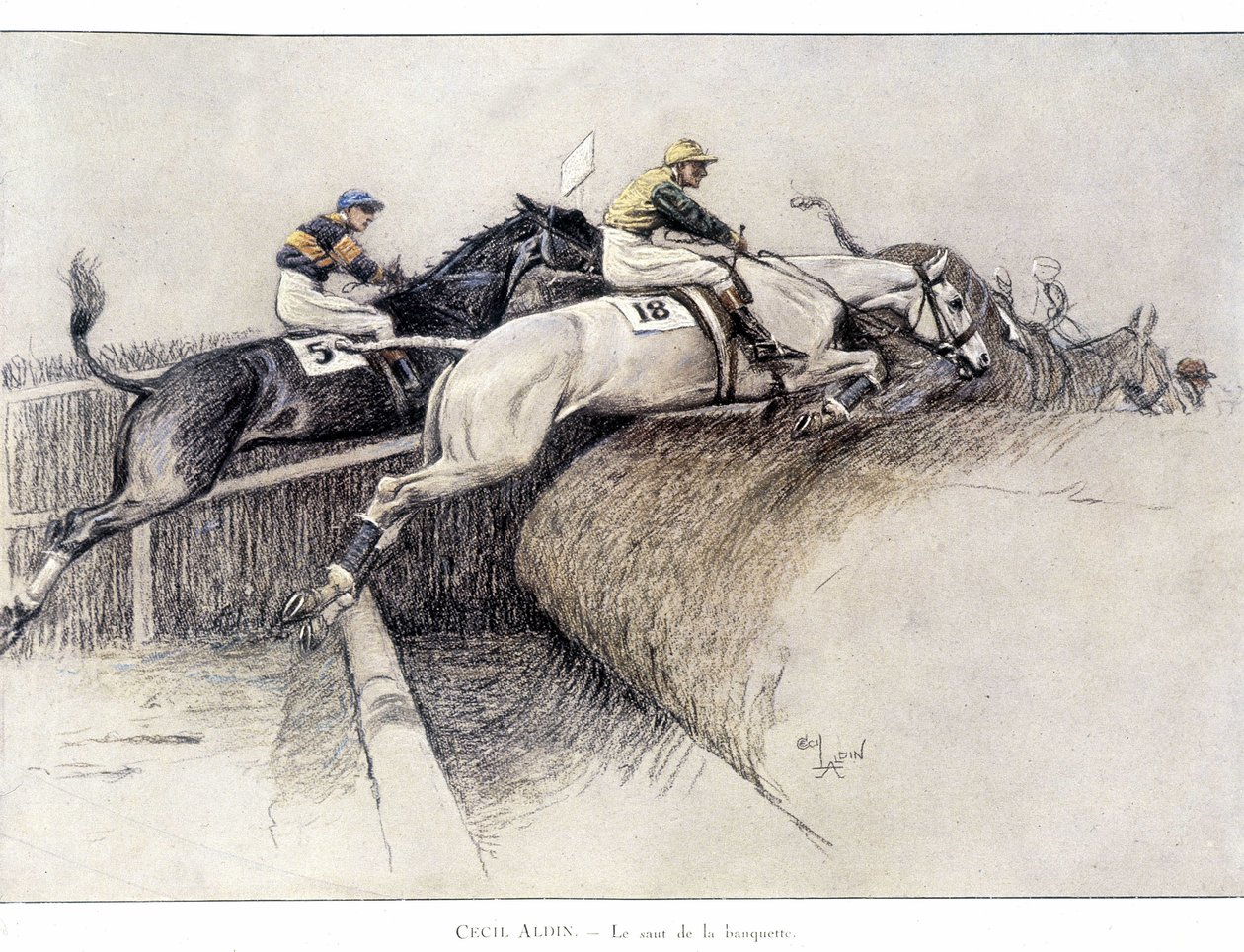 Nagy nemzeti akadályverseny Liverpoolban: ugrás a padról – Cecil aldin rajza alkotó: Cecil Charles Windsor Aldin