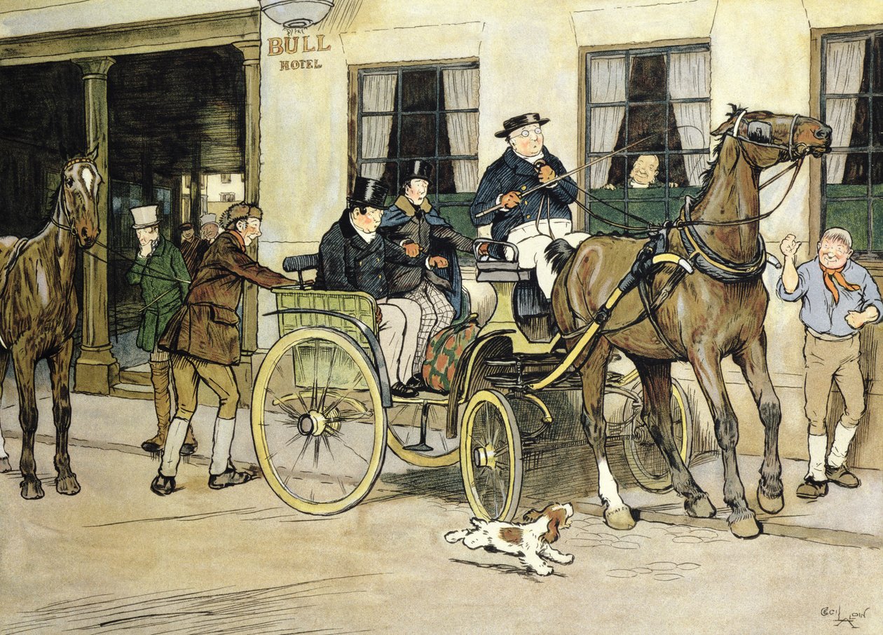 A Pickwickiek a rochesteri Bull Hotelből indulnak. alkotó: Cecil Charles Windsor Aldin