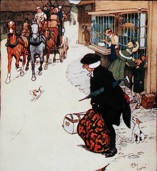 „A falu bejáratánál megszólaló kürt általános nyüzsgést kelt” – illusztráció Washington Irving (1783-1859) „Old Christmas” című művéből, amelyet Hodder és Stoughton adott ki. alkotó: Cecil Charles Windsor Aldin