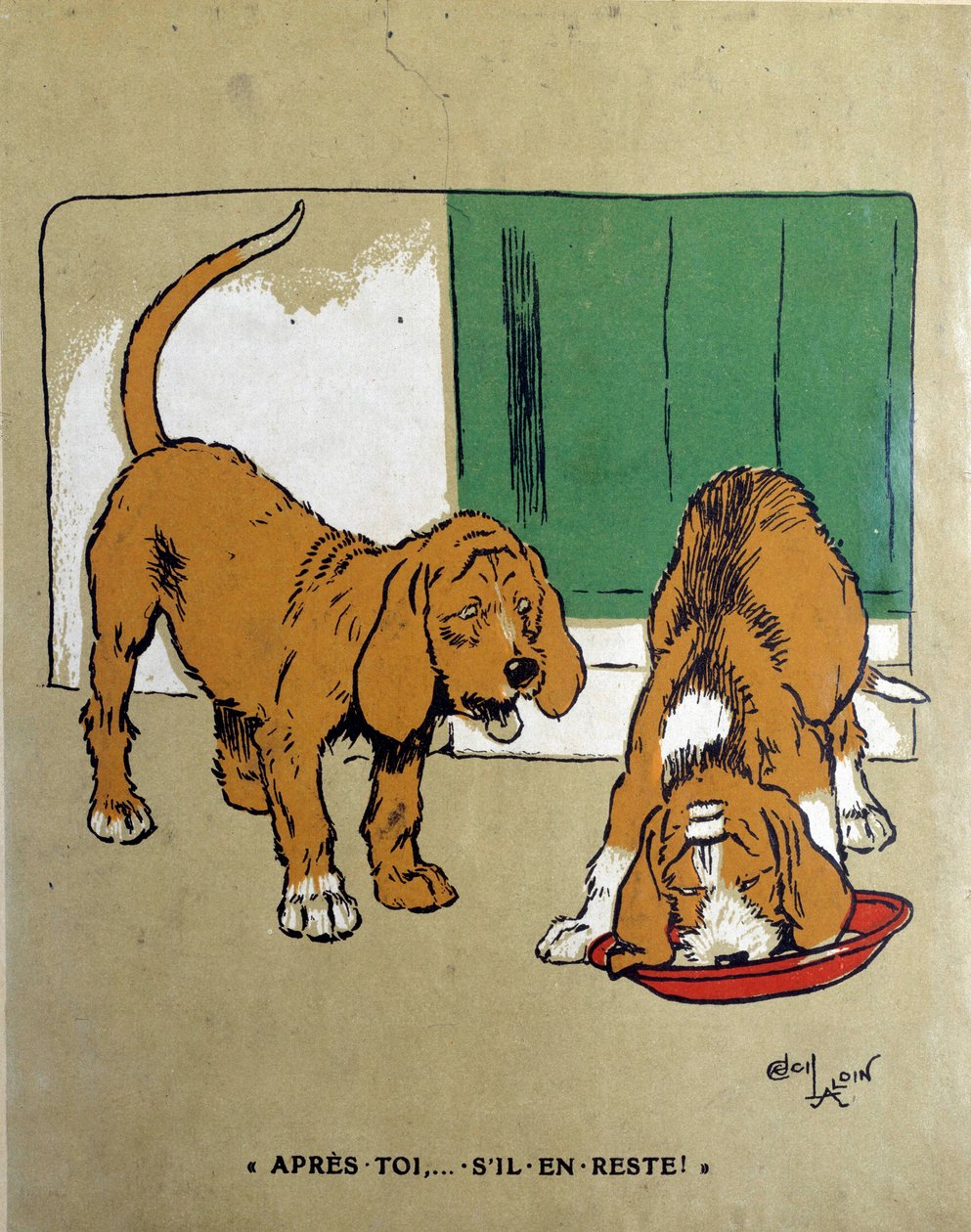 A legerősebb törvénye: „Utánad, ha még marad...” Az egyik kutya engedi a másikat enni, és befejezi a tálat. Cecil Aldin (1870-1935) rajza 19. század. Párizs, dekoratív művészet alkotó: Cecil Charles Windsor Aldin