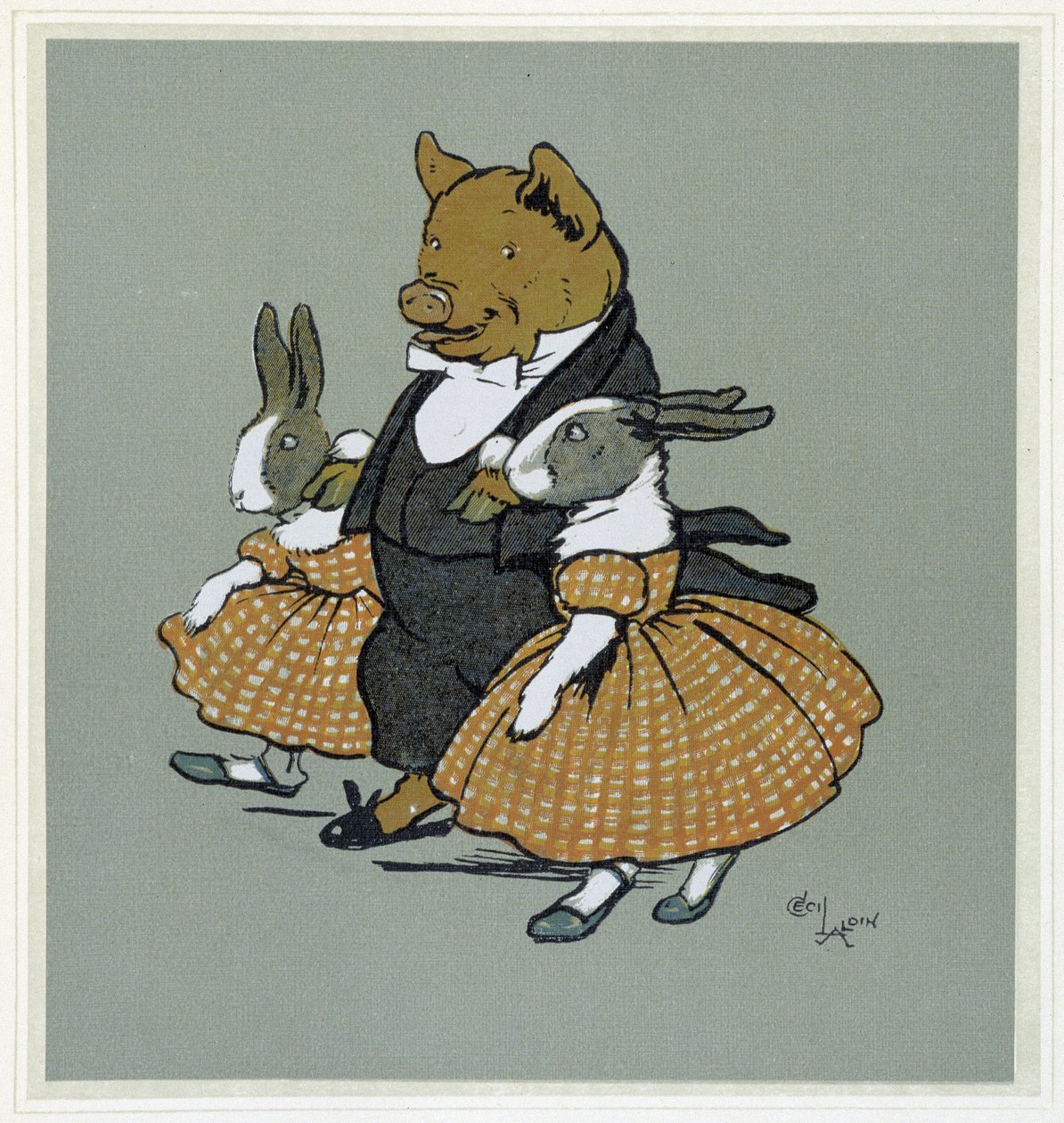 Egy pikhon két rabbival - a „Merry Party”-ban, ill. írta: Cecil Aldin, szerk. Hodder & Stoughton, London alkotó: Cecil Charles Windsor Aldin