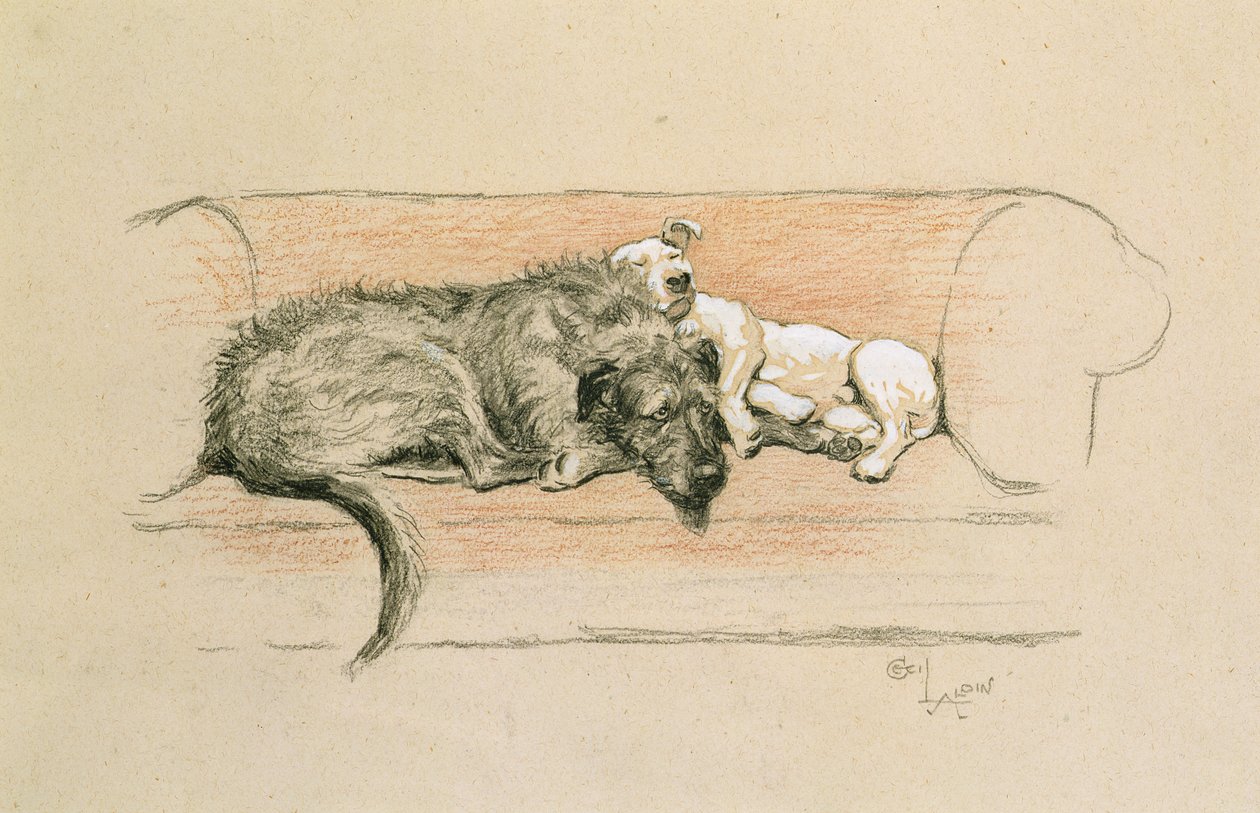 Farkaskutya és bullterrier alszik a kanapén (papíron pasztell) alkotó: Cecil Charles Windsor Aldin
