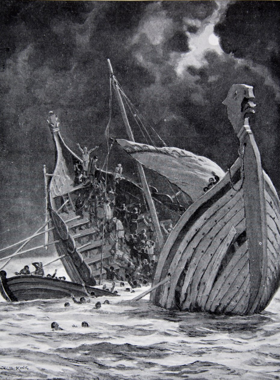 A Fehér Hajó elvesztése 1120-ban, illusztráció a Hutchinson történetéből a brit nemzetről, 1923 körül alkotó: Cecil King
