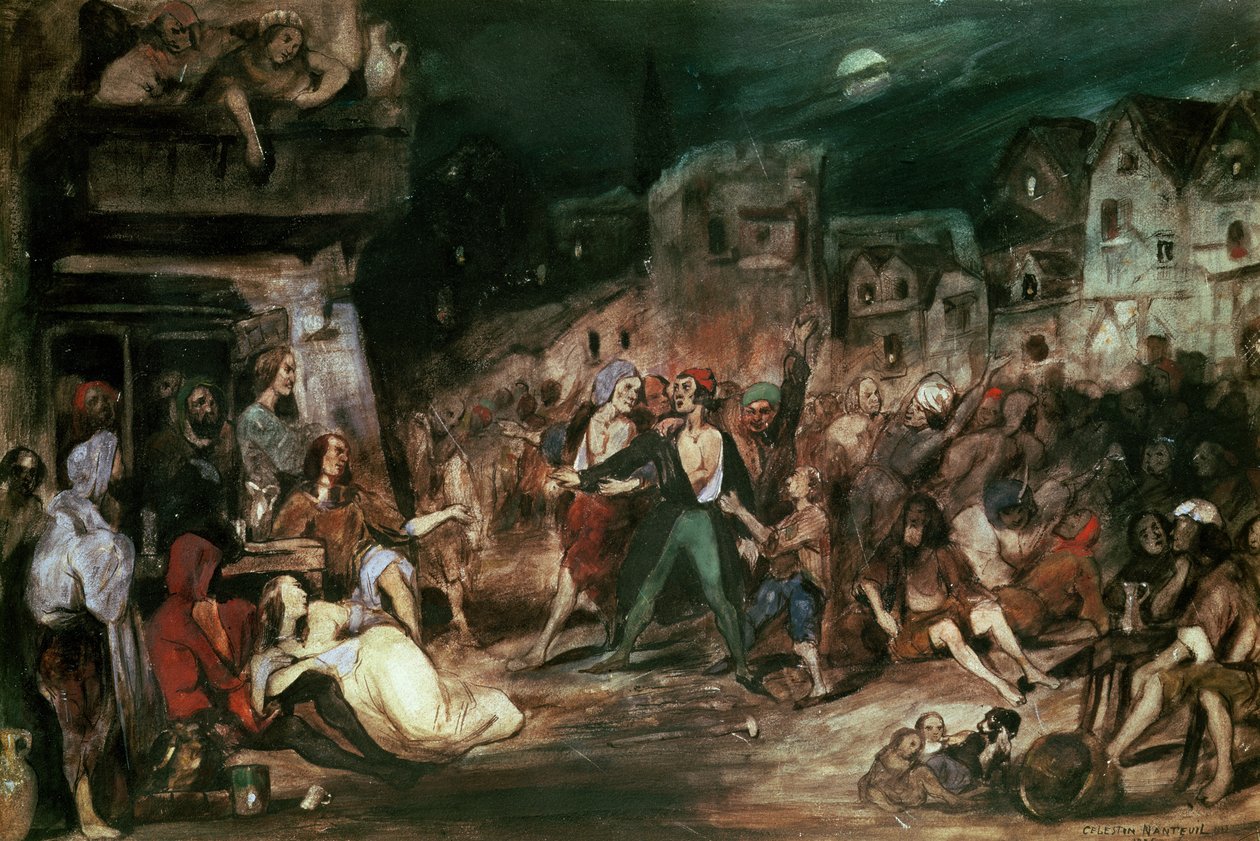 Gringoire a csodák udvarában, illusztráció Victor Hugo (1802-85) „A Notre Dame púpos” című művének VI. fejezetéből, 1835 alkotó: Celestin Francois Nanteuil