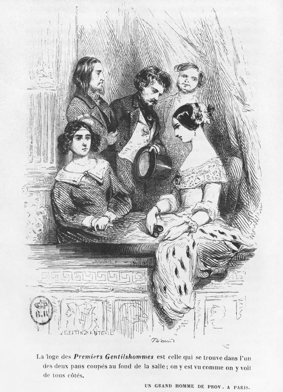 A Premiers Gentilhommes színházi doboz, illusztráció Honore de Balzac „Les Illusions perdues” című művéből, 1842-ben megjelent alkotó: Celestin Francois Nanteuil