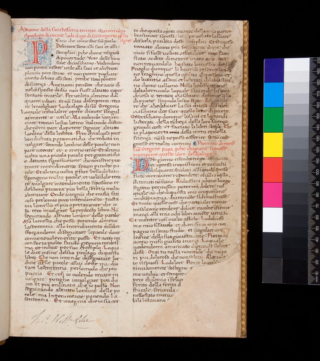Ms 148. Nagy Gergely, Dialogi olasz fordításban. Írta: Domenico Cavalca, f.1r Piros [P] és [D] betűk, kék tollfestéssel alkotó: Central Italian School