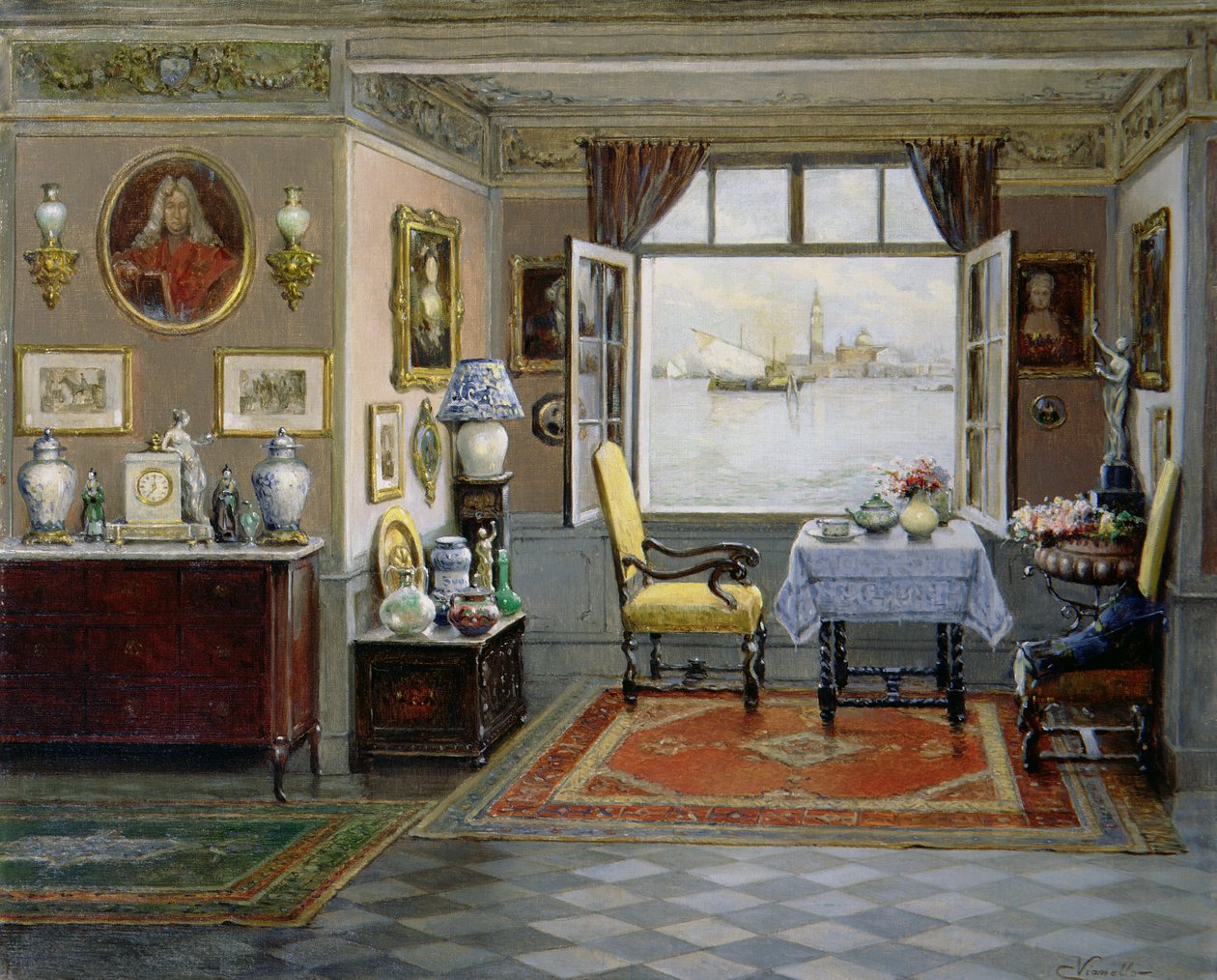 Egy velencei ház nyitott ablakból kilátással San Giorgio Maggiore-ra, 1900 körül alkotó: Cesare Vianello