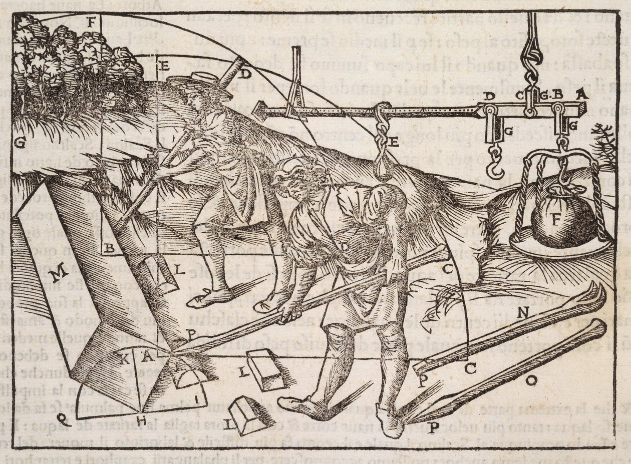 A kőtömbök mozgatásának módszerei, a „Di Lucio Vitruvio Pollione de architectura a libri dece” című művéből, Gotardo de Ponte Como, 1521 alkotó: Cesare di Lorenzo Cesariano