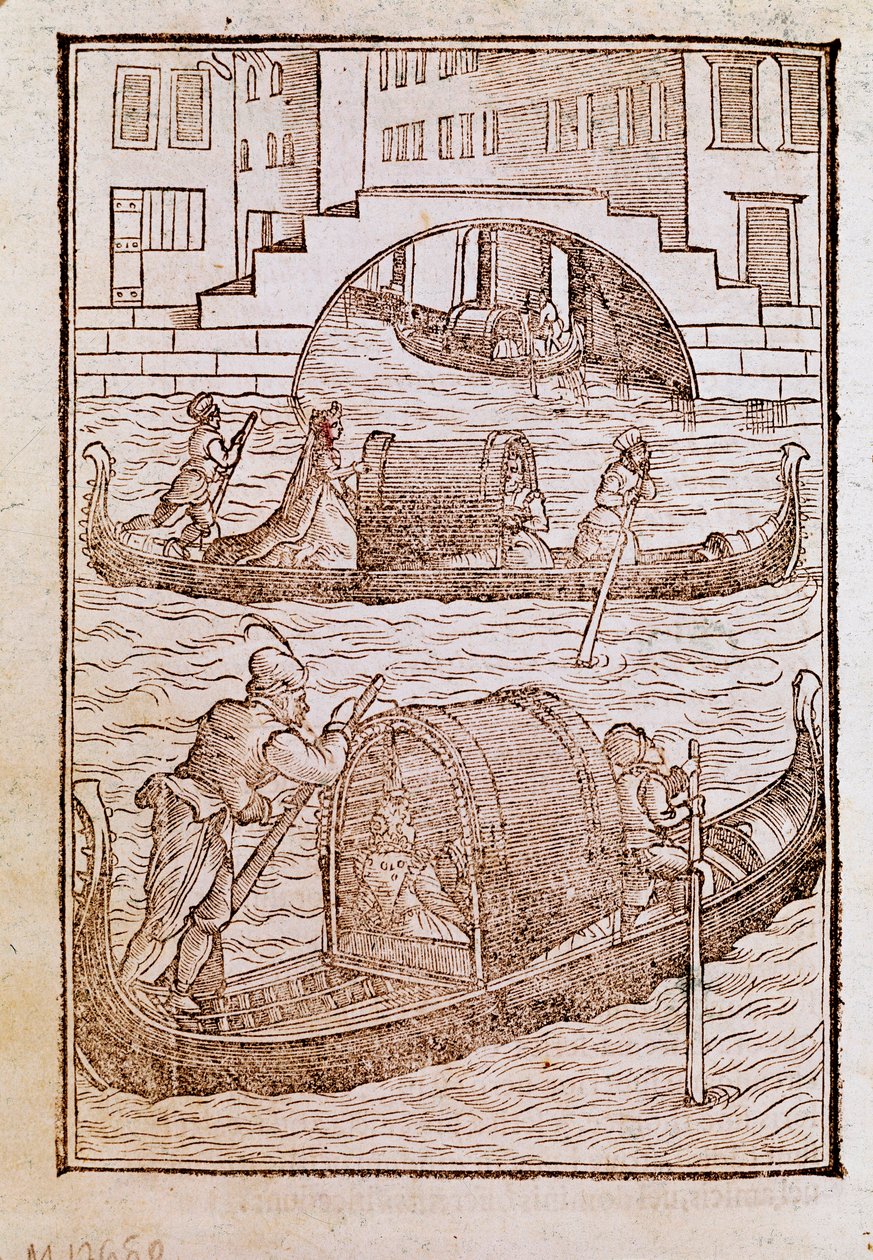 Gondolák a velencei lagúnában a 15. században Cesare Vecellio (1521-1601) metszet "" Régi és modern ruhákról "" 1590 Velence Biblioteca Marciana alkotó: Cesare (after) Vecellio