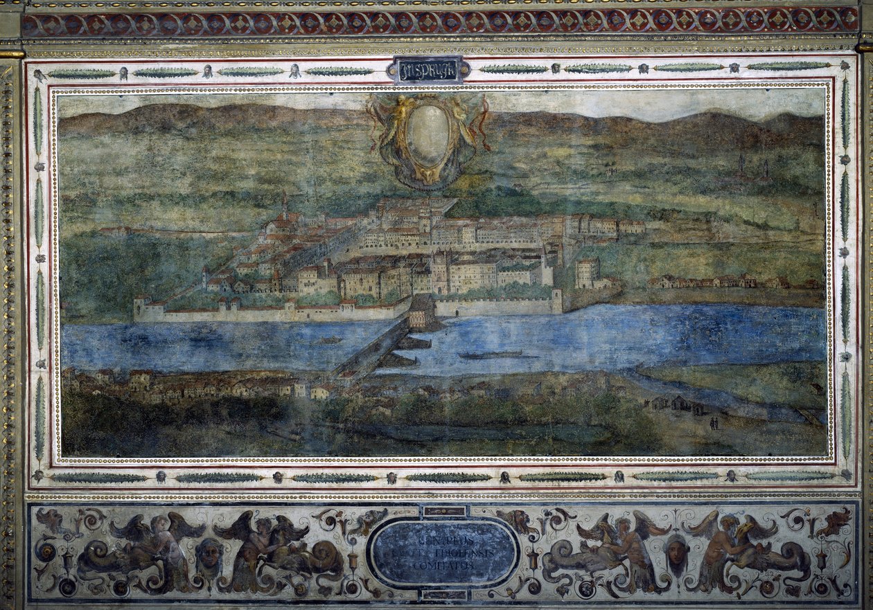 Innsbruck városának látképe, Ausztria. A Habsburg Birodalom városainak látképe. A firenzei Palazzo Vecchio Michelozzo-udvar freskója. Sebastiano Veronese Giovanni Lombardi, Cesare Baglioni és Turino da Piamonte festménye, 1565 körül. Siz alkotó: Cesare Baglioni
