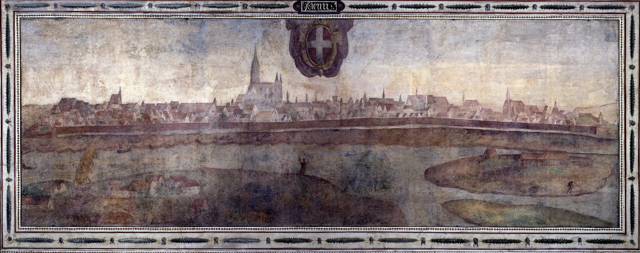 Bécs városának látképe, Ausztria. A Habsburg Birodalom városainak látképe. A firenzei Palazzo Vecchio Michelozzo-udvar freskója. Sebastiano Veronese Giovanni Lombardi, Cesare Baglioni és Turino da Piamonte festménye, 1565 körül. Méret: 15 cm: alkotó: Cesare Baglioni
