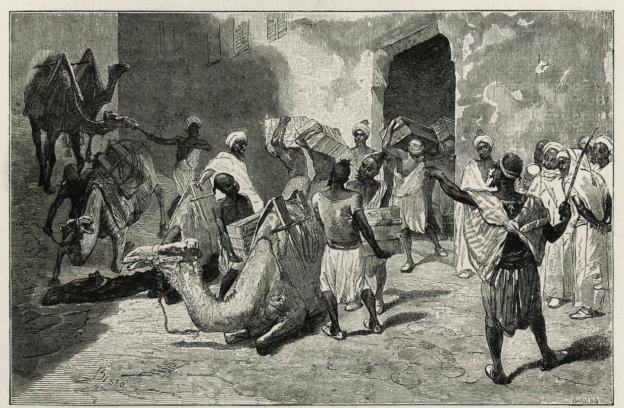 Tevékrakodás a történet írójának, Atangernek a karavánjáról, Biseo metszetével Edmondo de Amicis Le Maroc című történetének illusztrálására 1875-ben, amelyet a tour du monde-ban tettek közzé Edouard Charton vezényletével. alkotó: Cesare Biseo