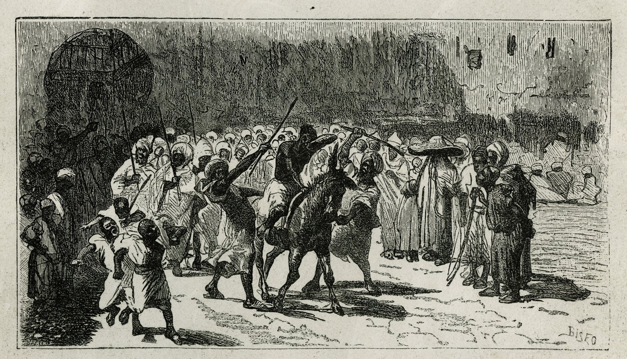 tolvaj beszéde, öszvérre mászik, botokat kap a tömeg színe alatt, C.Biseo metszet, Edmondo de Amicis Le Maroc című történetének illusztrálására, 1875-ben, a tour du monde-ban, a Edouard Charton irányításával alkotó: Cesare Biseo