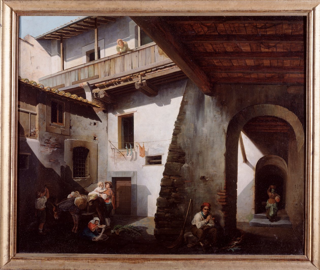 Parasztok egy fogadó udvarán (olasz parasztok fogadóudvarban) Cesare Coghetti festménye (1859 és 1881 között tevékenykedett) 1863 Méret: 70x85 cm Genes, Galleria d