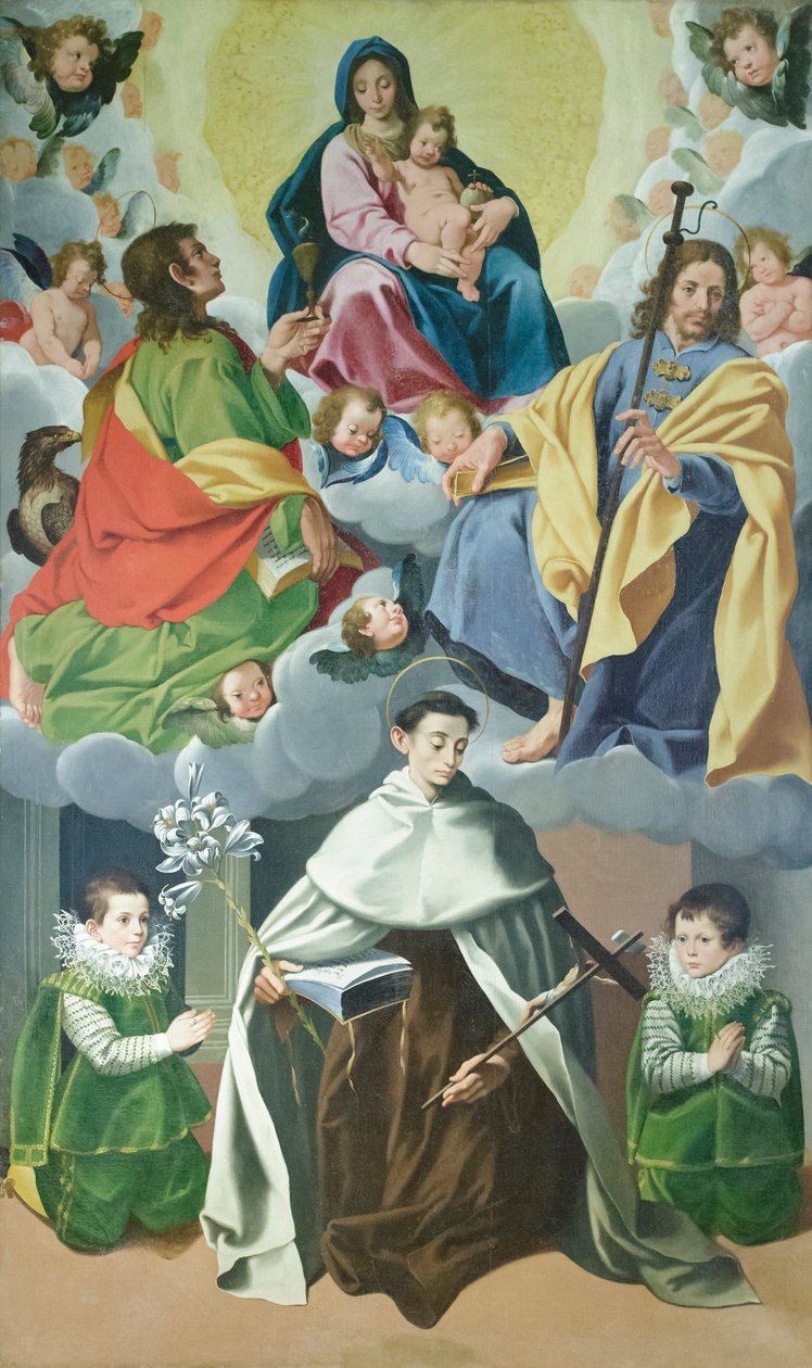 Szűz a gyermekkel és Szent Jakab, Major János, Alberto degli Abati és a Panici ház két gyermeke, 1595-1598 körül (olaj, vászon) alkotó: Cesare & Conti Vincenzo Conti