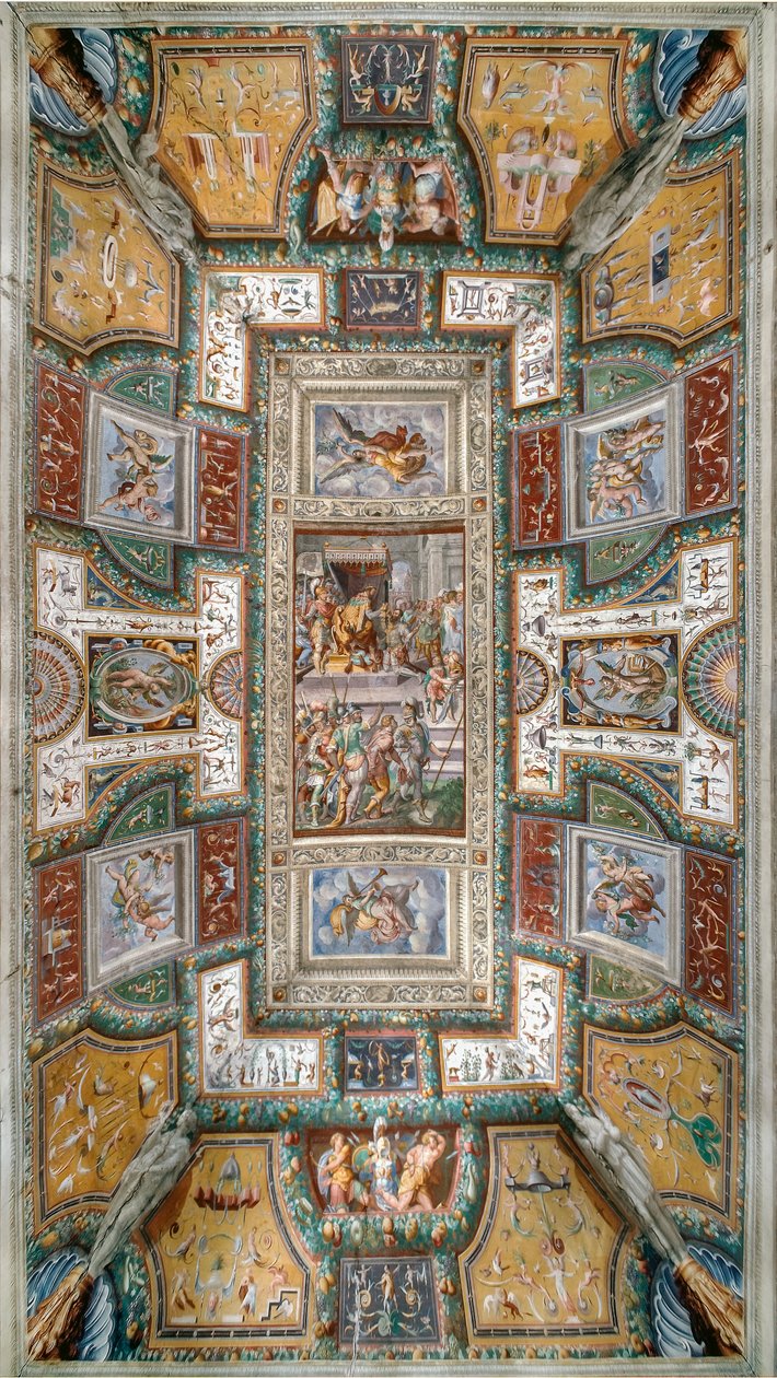 Pier Maria Rossi, aki a Szent Mihály-rend tiszteletét viseli, Kilátás a Sala delle Gesta Rossiane mennyezetére, Rocca dei Rossi, San Secondo, Parma, Olaszország, 1570 körül (freskó) alkotó: Cesare and Jacopo Bertoia and others Baglione