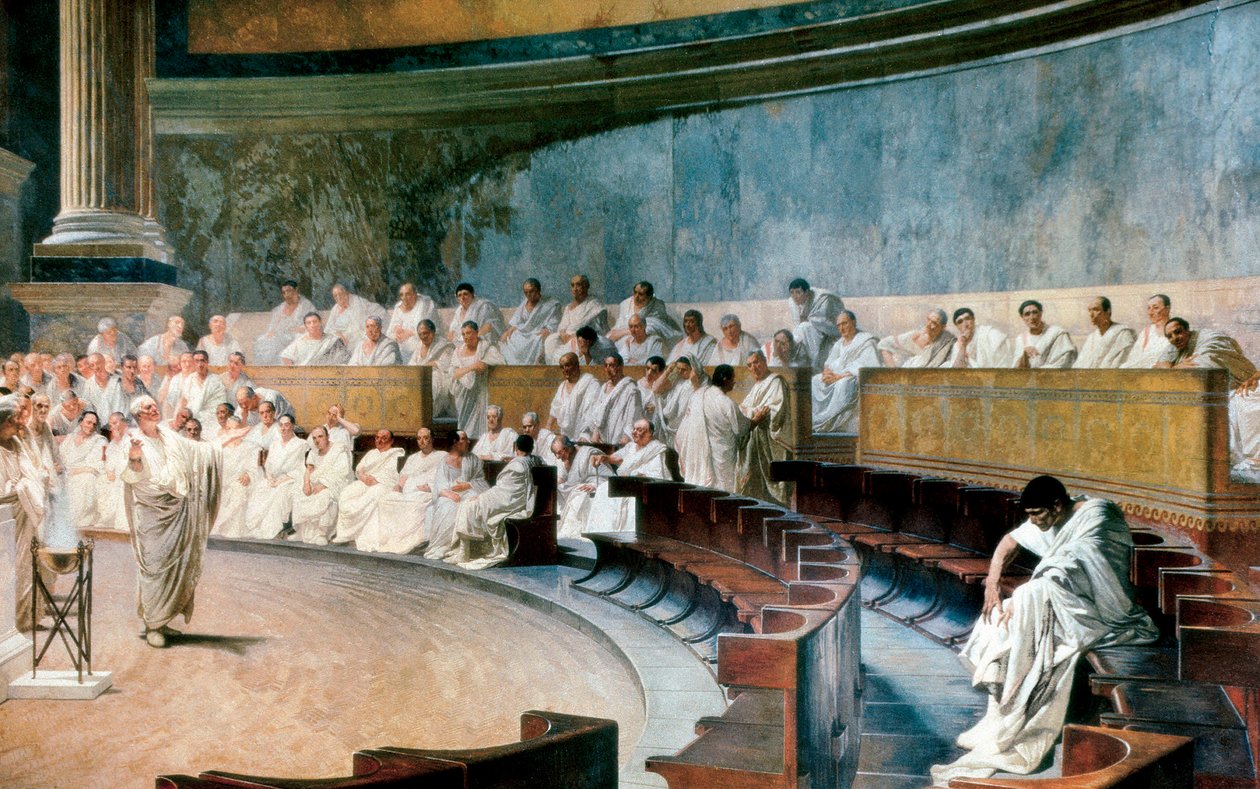 Cicero leleplezi Catilinát ie 63. november 8-án. , A jelenet Rómában játszódik a szenátusban, egy freskó, amelyet 1882 és 1888 között készített Cesare Maccari alkotó: Cesare Maccari