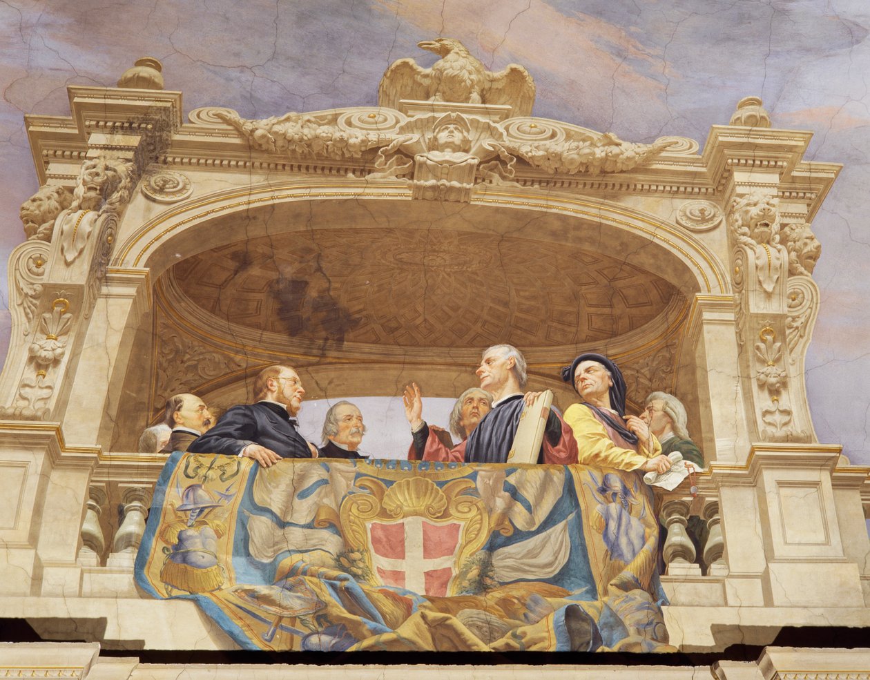 Részlet Olaszország allegóriájából, Cesare Mariani (1826-1901) freskója, mennyezet, Nagyság csarnoka, Palazzo delle Finanze (Pénzügyek Palota), Róma. Olaszország alkotó: Cesare Mariani