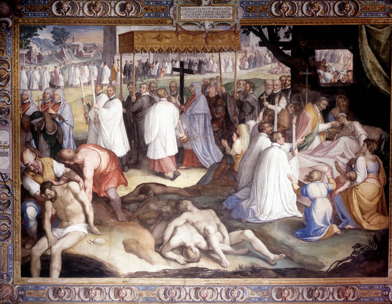 Milánó pestisjárványa: Borromeo Szent Károly (1538-1584) a haldoklókat kommunikálja. Carlo Nebbia freskója a paviai Borromeo College-ban. 16. század alkotó: Cesare Nebbia