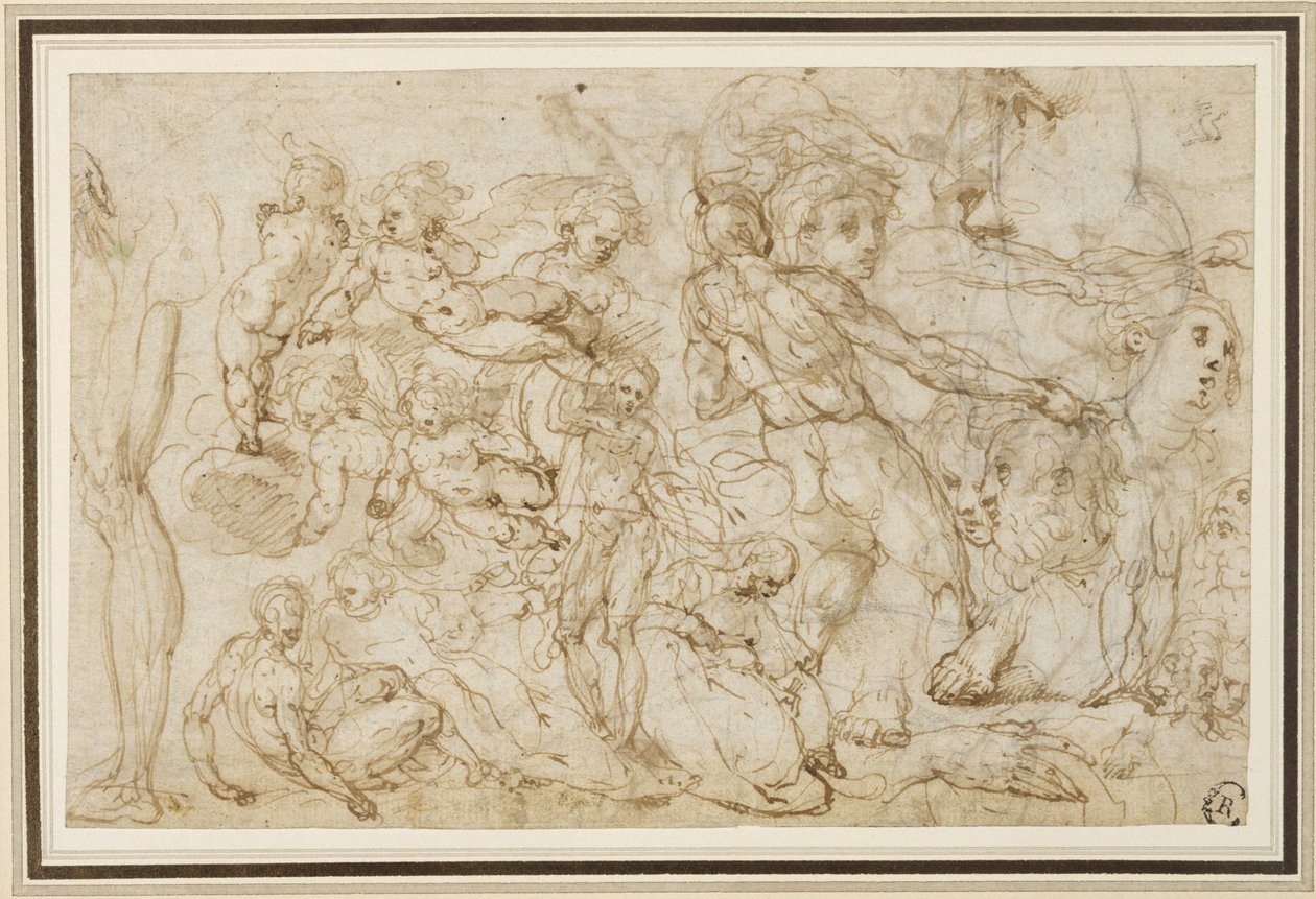 Ábratanulmányok lapja, c. 1600 (tinta és mosás, ceruza, kréta fektetett papíron) alkotó: Cesare Pollini