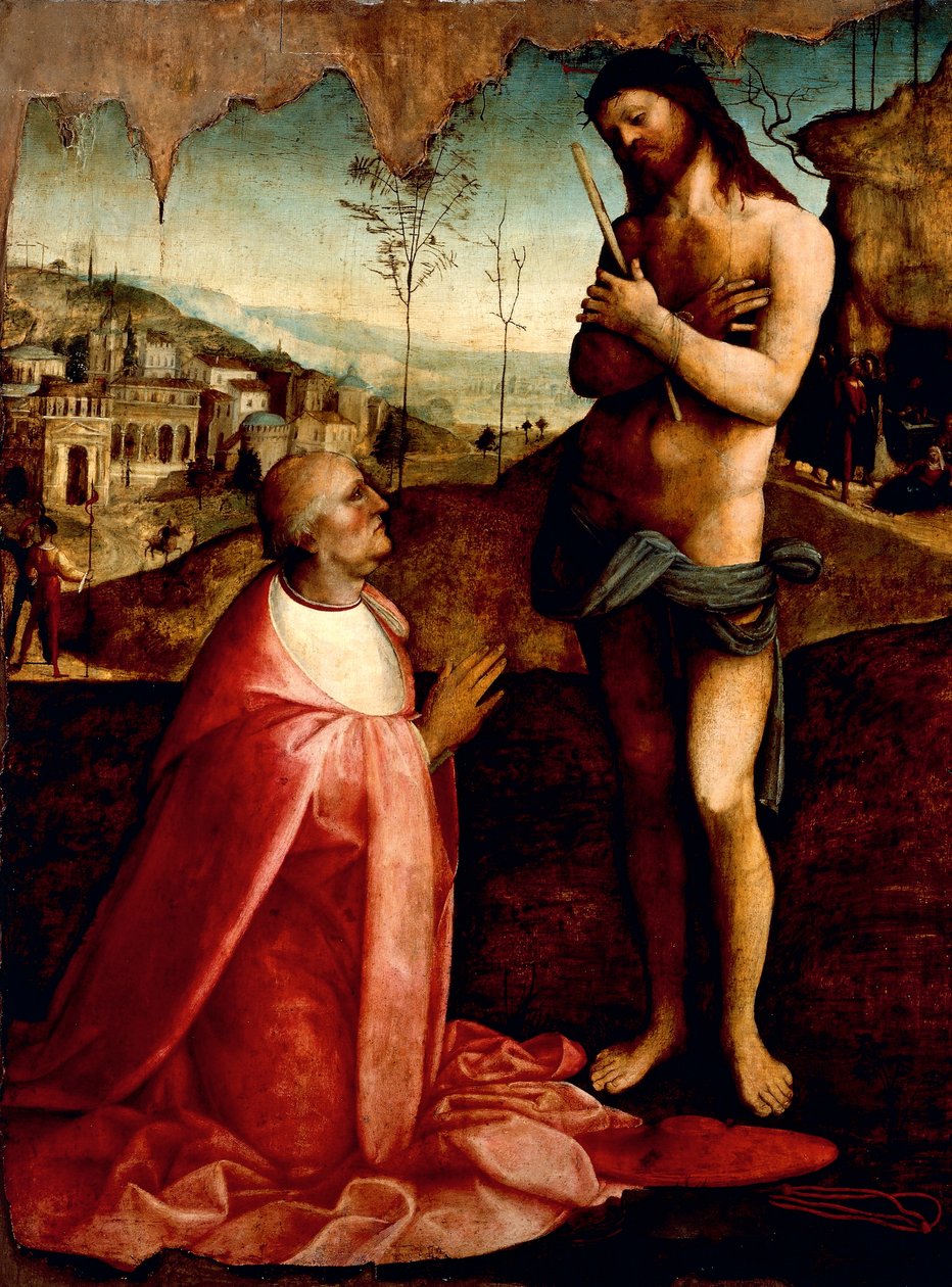 A szenvedő Krisztus és Oliviero Carafa bíboros imában, Cesare da Sesto (1477-1523) alkotó: Cesare da Sesto