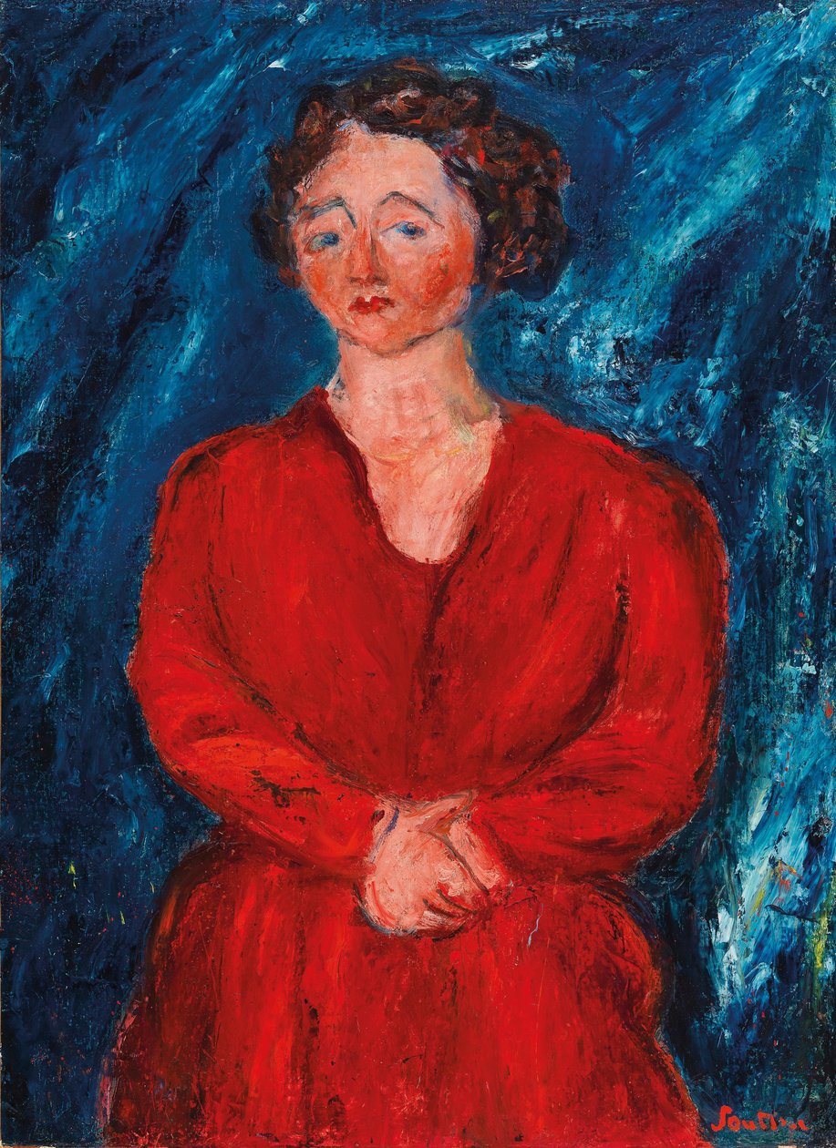 A piros ruhás nő kék alapon, 1928 körül. alkotó: Chaim Soutine