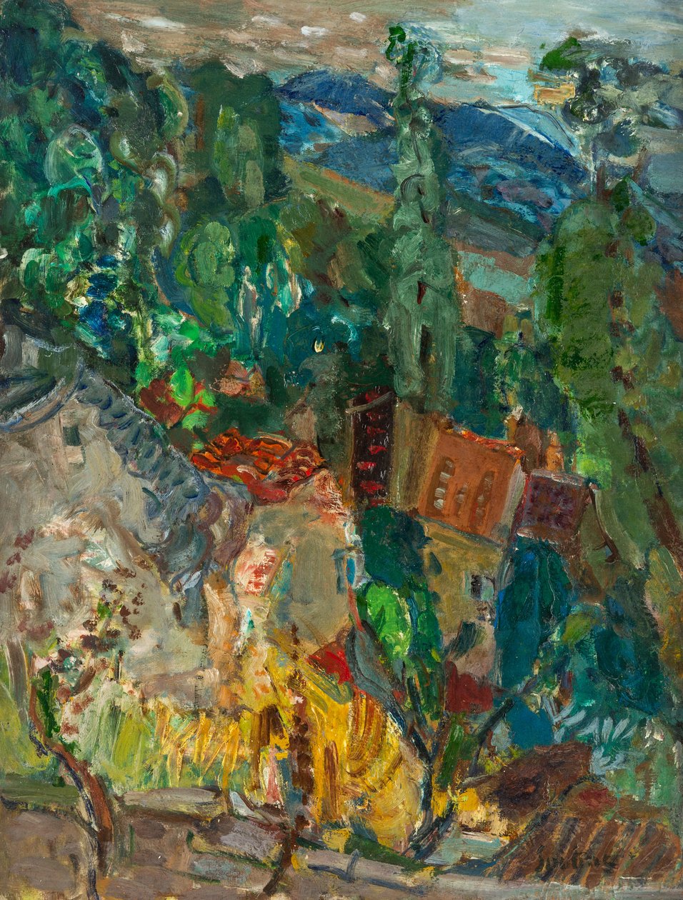 Városkép ciprusfákkal, Dél-Franciaország, 1920-1930-as évek. alkotó: Chaim Soutine