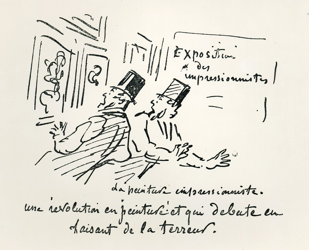 Az első párizsi impresszionista kiállítás karikatúrája, „Forradalom a festészetben! És egy rettentő kezdet”, 1874 alkotó: Cham