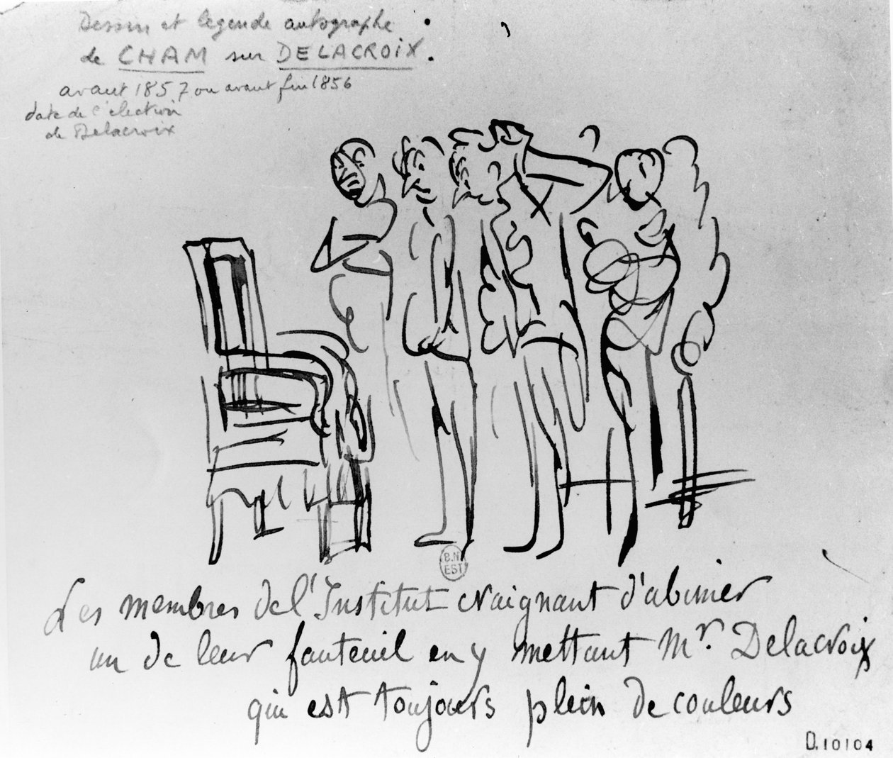 Az Institut de France tagjai vonakodnak Delacroix-t az egyik székükre ültetni, mert attól tartanak, hogy színszeretete beszennyezi az ülést, 1856-7 (toll, ecset és tinta papíron) alkotó: Cham