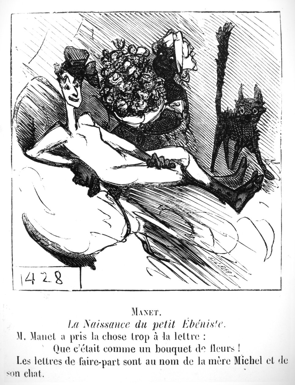 A kis szekrénykészítő születése, karikatúra a „Le Charivari”-ban, 1865 alkotó: Cham