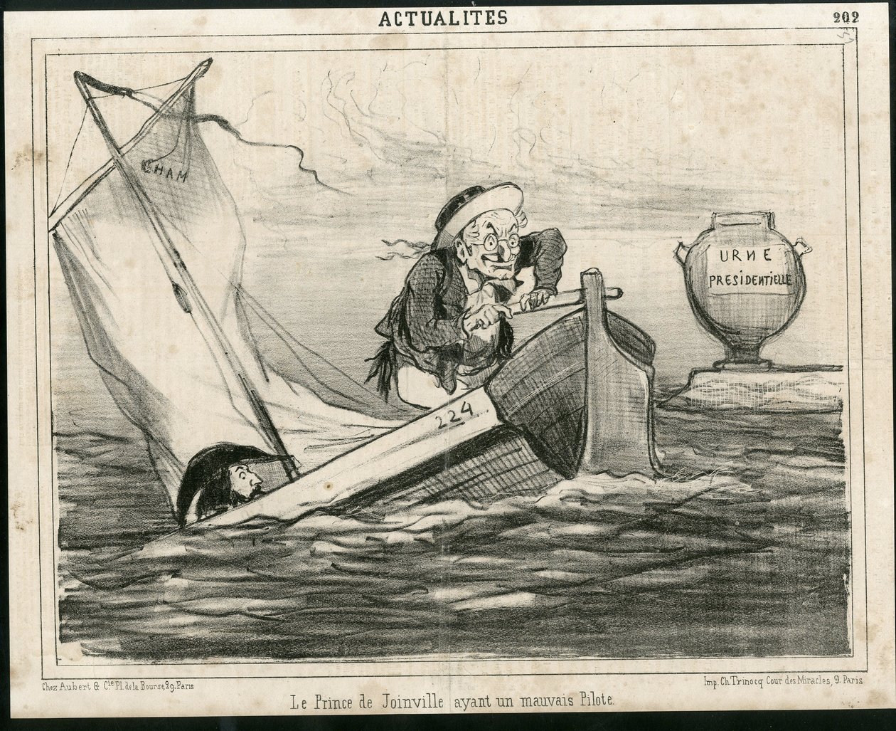 Illusztráció Chamről (1819-1879) Le Charivariban, 1850 körül - Joinville hercegének rossz pilótája van - Választások, köztársasági elnök, Maritime Marine Nautique Balneaire - Thiers Adolphe, Francois d