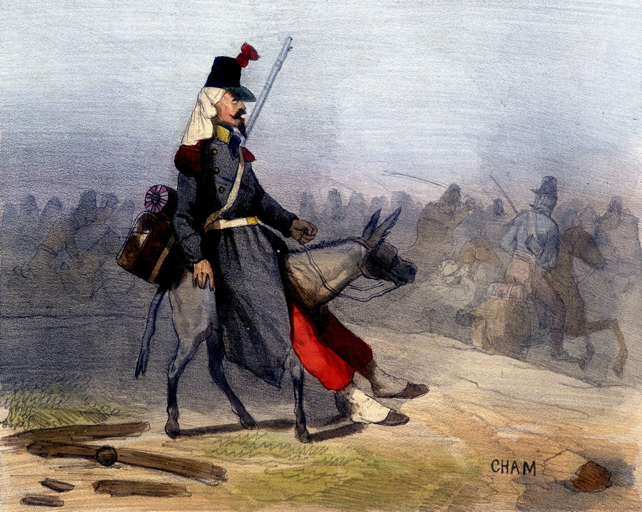 Ezek az arabok: nehéz, hogy nem akarnak magunkra hagyni minket otthon – Cham „A la guerre comme à la guerre” című művében, deb. 19. század alkotó: Amédée de Noé