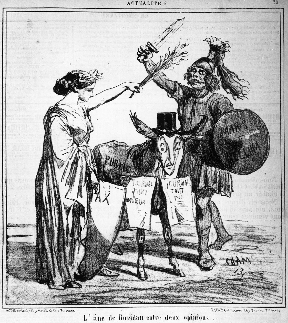 Buridan szamara két vélemény között – Cham, „Charivari” című könyvében, 1859.04.29. alkotó: Amédée de Noé
