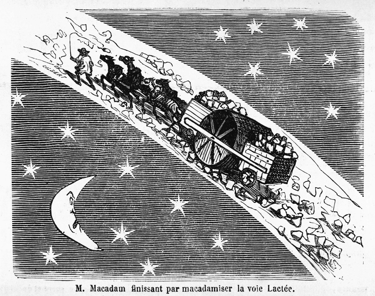 Rajzfilm az utcák kőburkolatán, MacAdam, skót mérnök (1756-1838): „” M. Macadam a Tejút makadámozásával végződik””” - in „” Album Charivarique””, ill. de Cham alkotó: Amédée de Noé