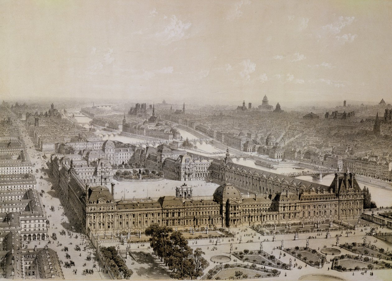 A befejezett Louvre és az új Rue de Rivoli, Philippe Benoist (1813-1905) metszete. alkotó: Chapuis
