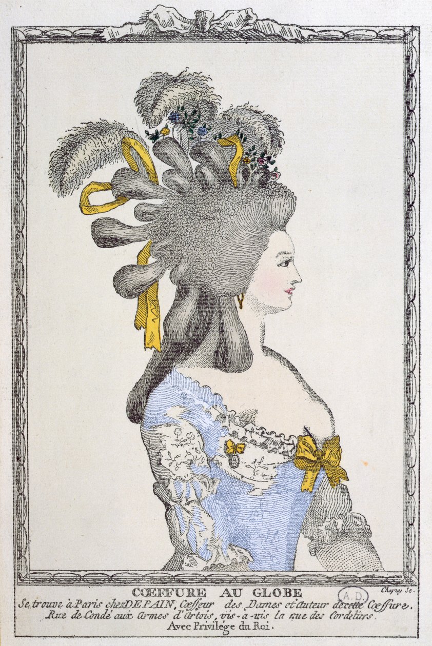 Coiffure au Globe, 1780 körül (színes gravírozás) alkotó: Chapuy