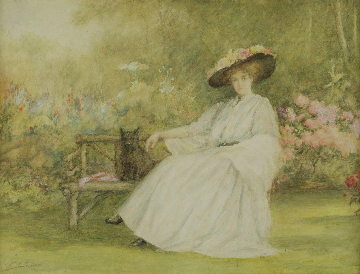 Hölgy és kutyája a Corsham Courtban, 1914 körül (ceruza, wc és gouache, papír) alkotó: Charles A. Sellar