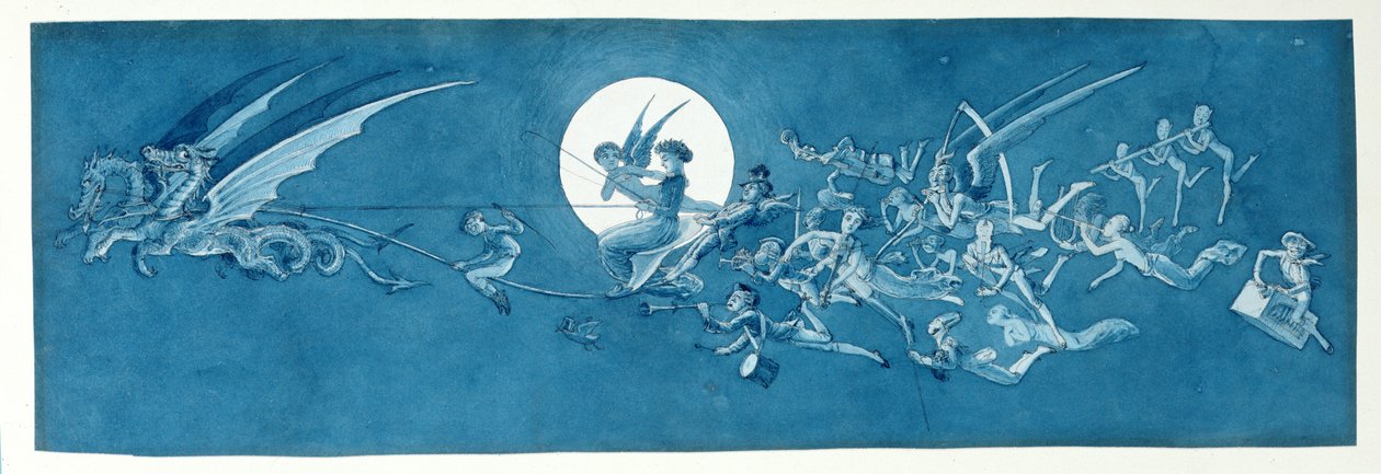 A sárkányszekér és a tündérpapok átkelnek a Holdon (toll, tinta és WC papíron) alkotó: Charles Altamont Doyle