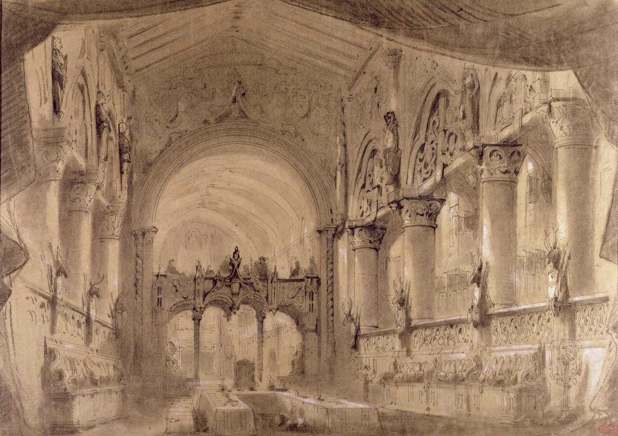 Giuseppe Verdi (1813-1901) „Macbeth” című operájának II. felvonásának díszlete a Theatre Lyrique-ben, Chatelet, 1865 alkotó: Charles Antoine Cambon