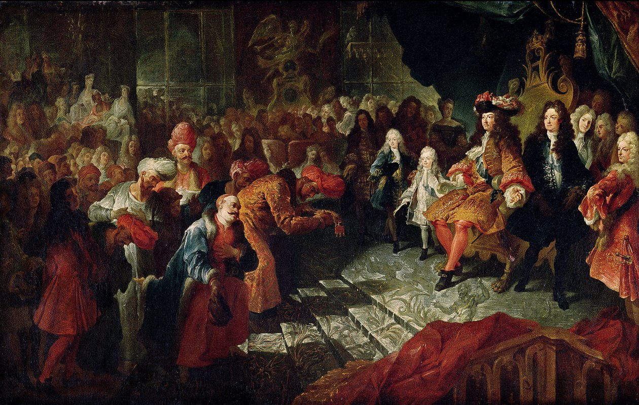 XIV. Lajos (1638-1715) Mohammed Reza Bég perzsa nagykövet fogadása a versailles-i Galerie des Glacesben, 1715. február 19. alkotó: Charles Antoine Coypel