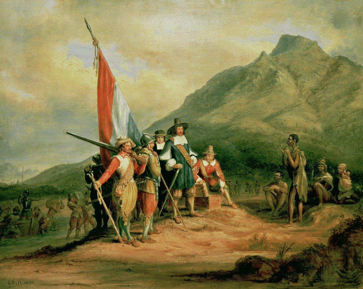 Jan van Riebeeck (1619-77) partraszállása 1652. április 6., 1850. alkotó: Charles Bell
