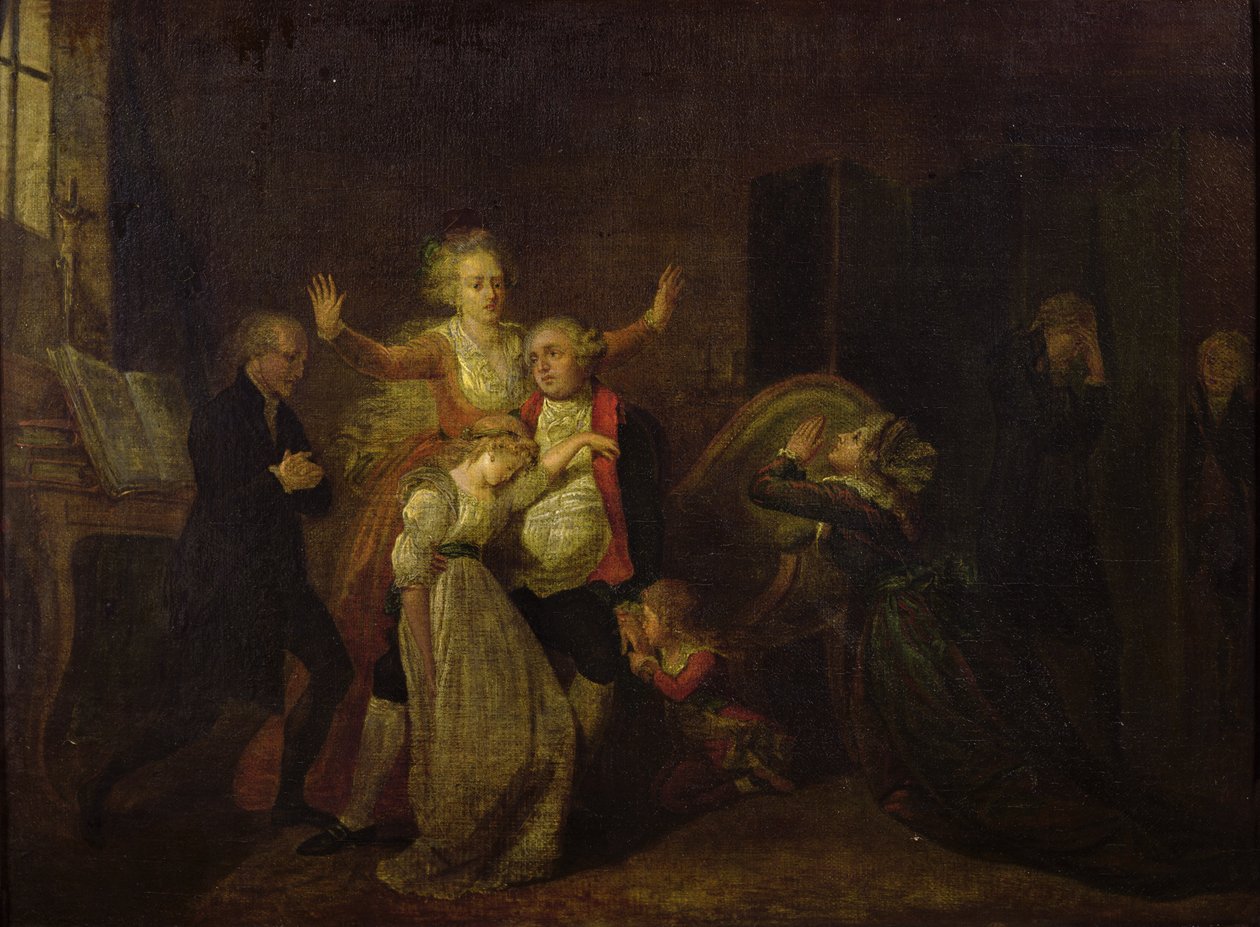 XVI. Lajos (1754-93) búcsúzik családjától a templomban, 1793. január 20. alkotó: Charles Benazech