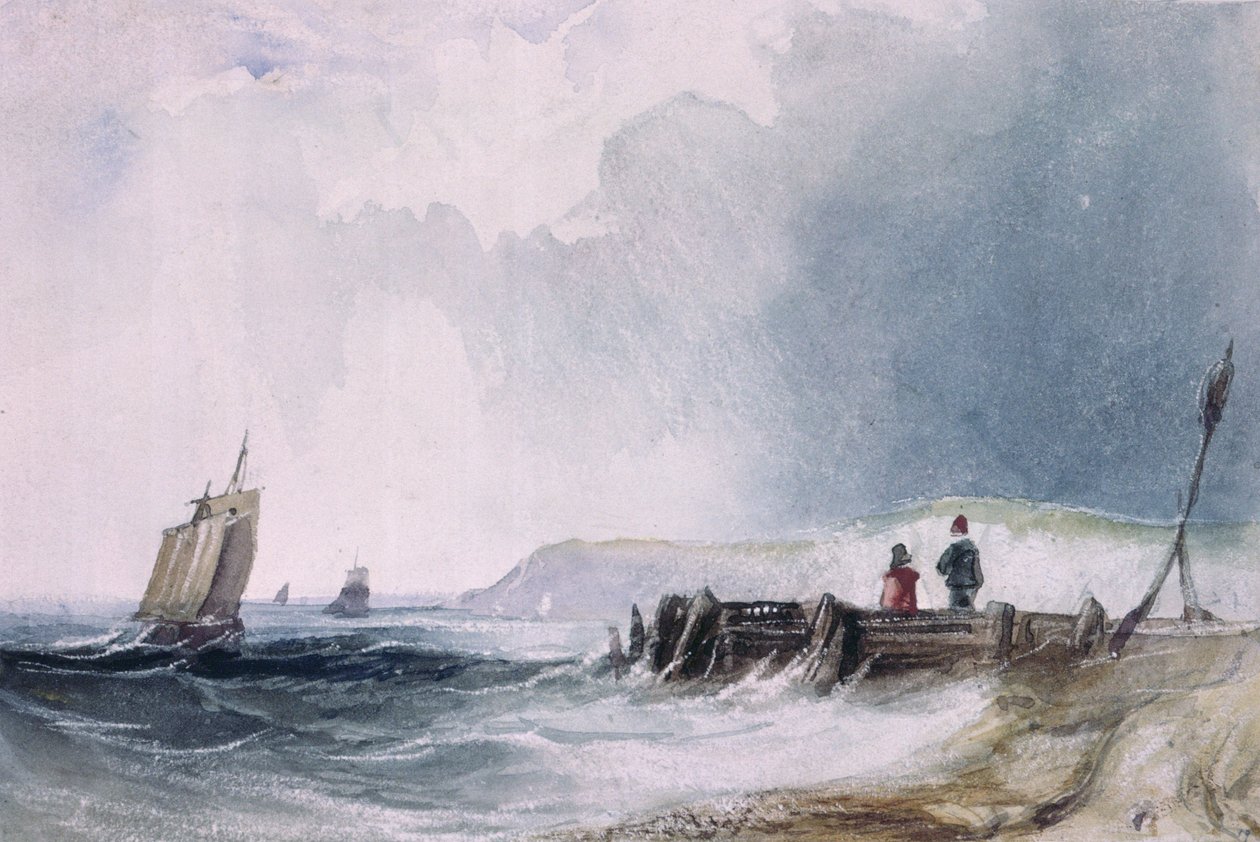 Coast Scene, csónakokkal és fa mólóval alkotó: Charles Bentley