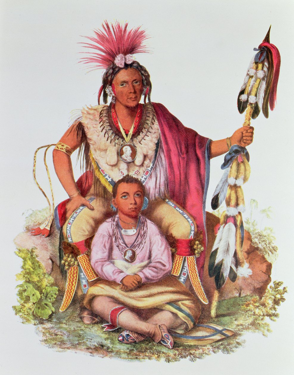 Keokuk vagy „Vigyázó Róka”, a Saukok és Rókák főnöke és fia, Musewont vagy „hosszú szőrű róka”, 1837 körül, illusztráció az „Észak-Amerikai indián törzsek 2. kötetéből”, Thomas L. McKenney és Jam alkotó: Charles Bird King