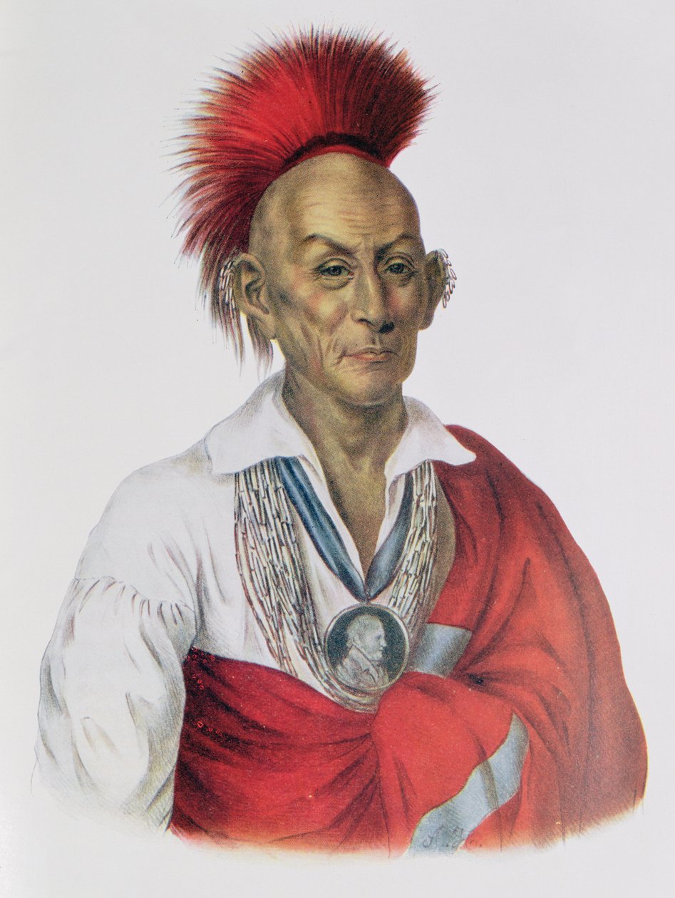Ma-Ka-Tai-Me-She-Kia-Kiah vagy Black Hawk, egy szauk vitéz, 1837, illusztráció a Thomas L. McKenney és James Hall által írt "The Indian Tribes of North America, Vol.2" című könyvből, kiadó: John Grant. alkotó: Charles Bird King