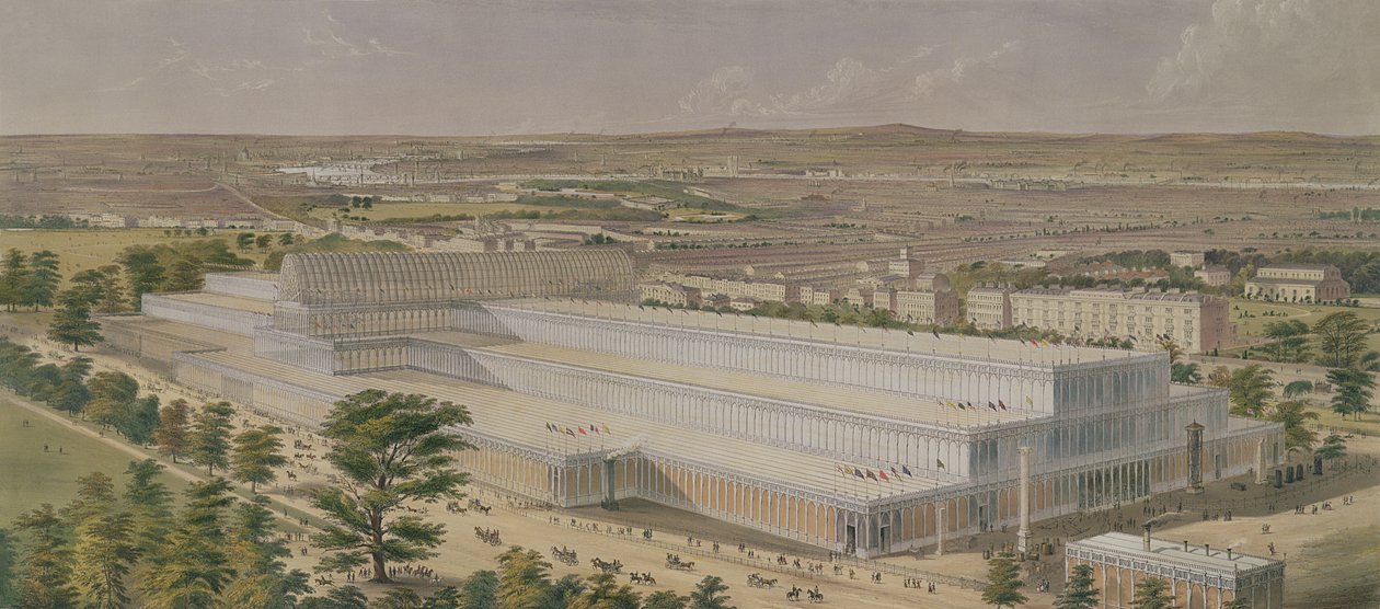 Repülési kilátás az Iparpalotára minden nemzet számára, a Kensington Gardensből, a művész által metszett kocsma. 1851 alkotó: Charles Burton
