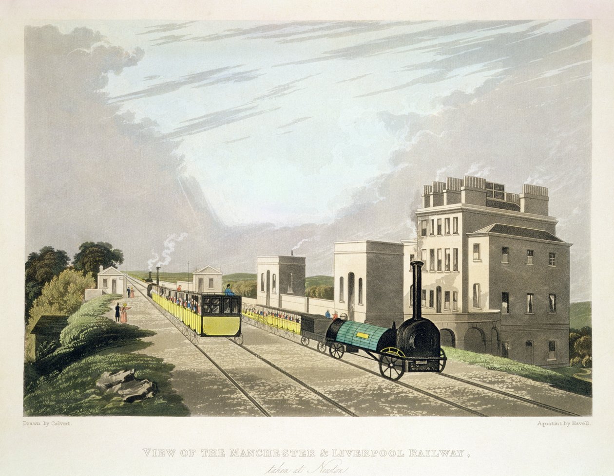 A manchesteri és liverpooli vasútvonal látképe Newtonban, 1825, Havell metszete (aquatinta) alkotó: Charles Calvert