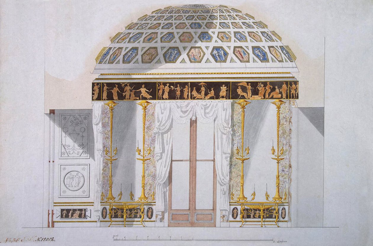 A cárszkoje szelói achát pavilon jáspis szekrényének terve, 1780 körül (toll és tinta, wc-vel, papír) alkotó: Charles Cameron