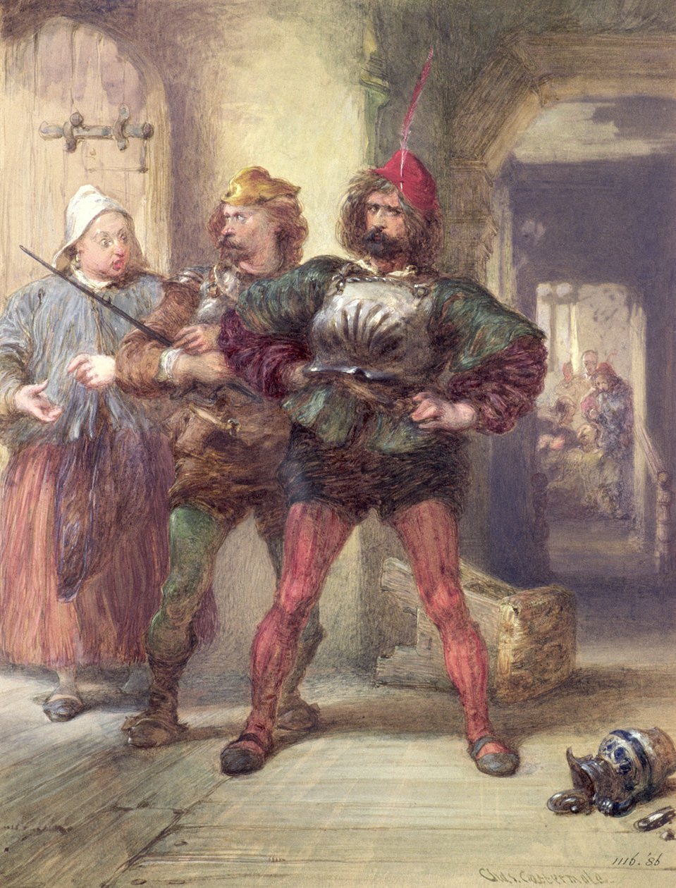Mistress Quickly, Nym és Bardolph, Shakespeare Falstaff-darabjaiból, (rajz) alkotó: Charles Cattermole