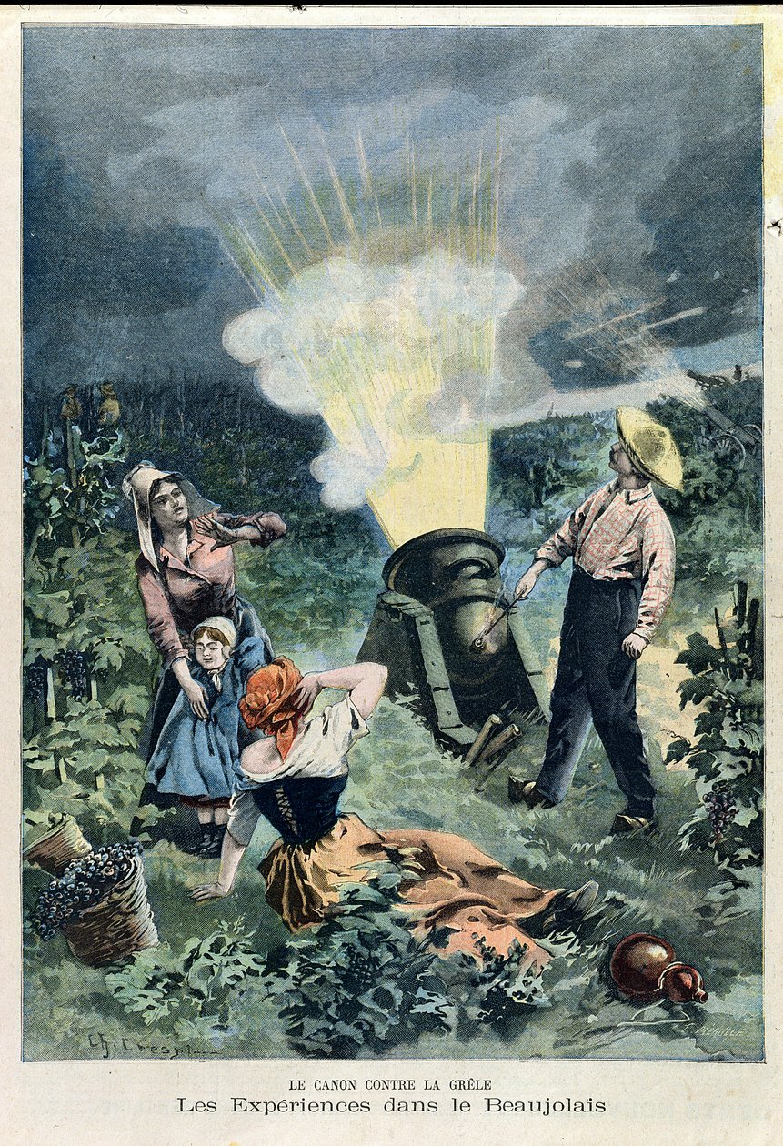 Kísérletezés egy ágyúval, hogy megakadályozzák a jégeső által károsított szőlőt, a Le Petit Journal, 1900. február 23. alkotó: Charles Crespin